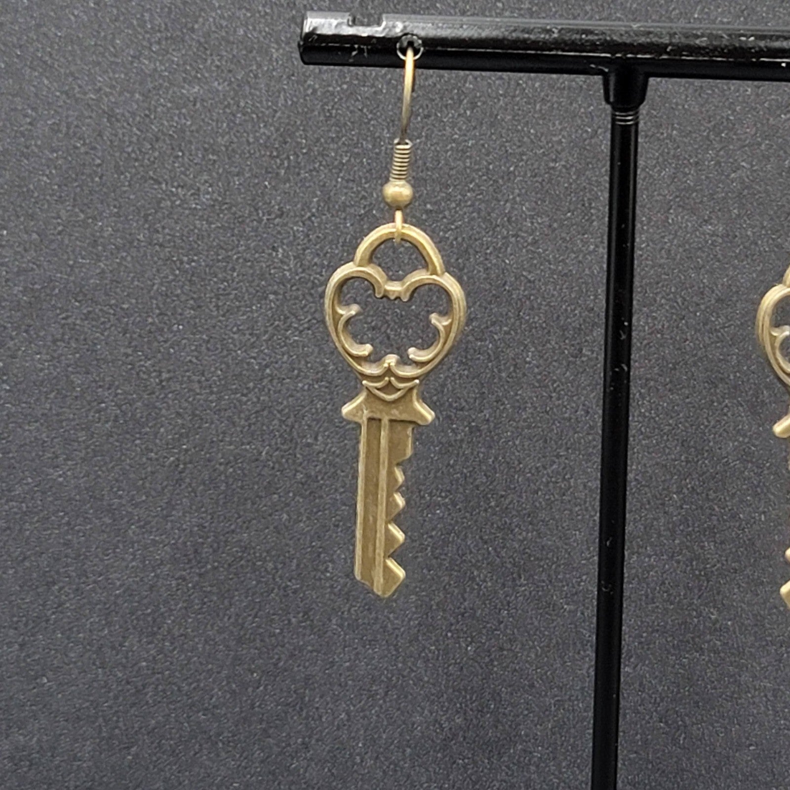 New Pierced Earrings Ornate Key Bronze tone Dangle 1.5"