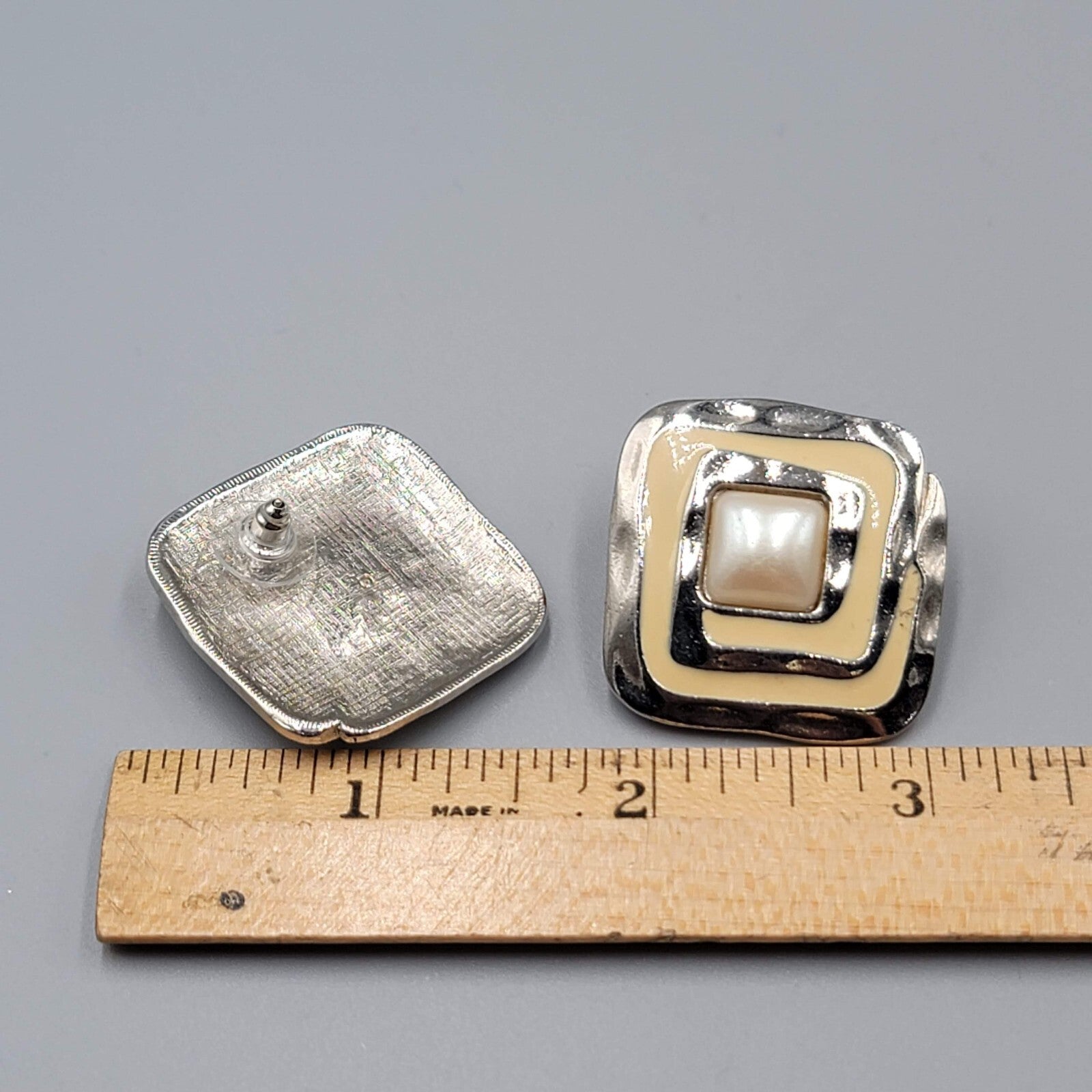 Vintage Pierced Earrings Silver tone Ivory Enamel Drop Square 1 5/8"