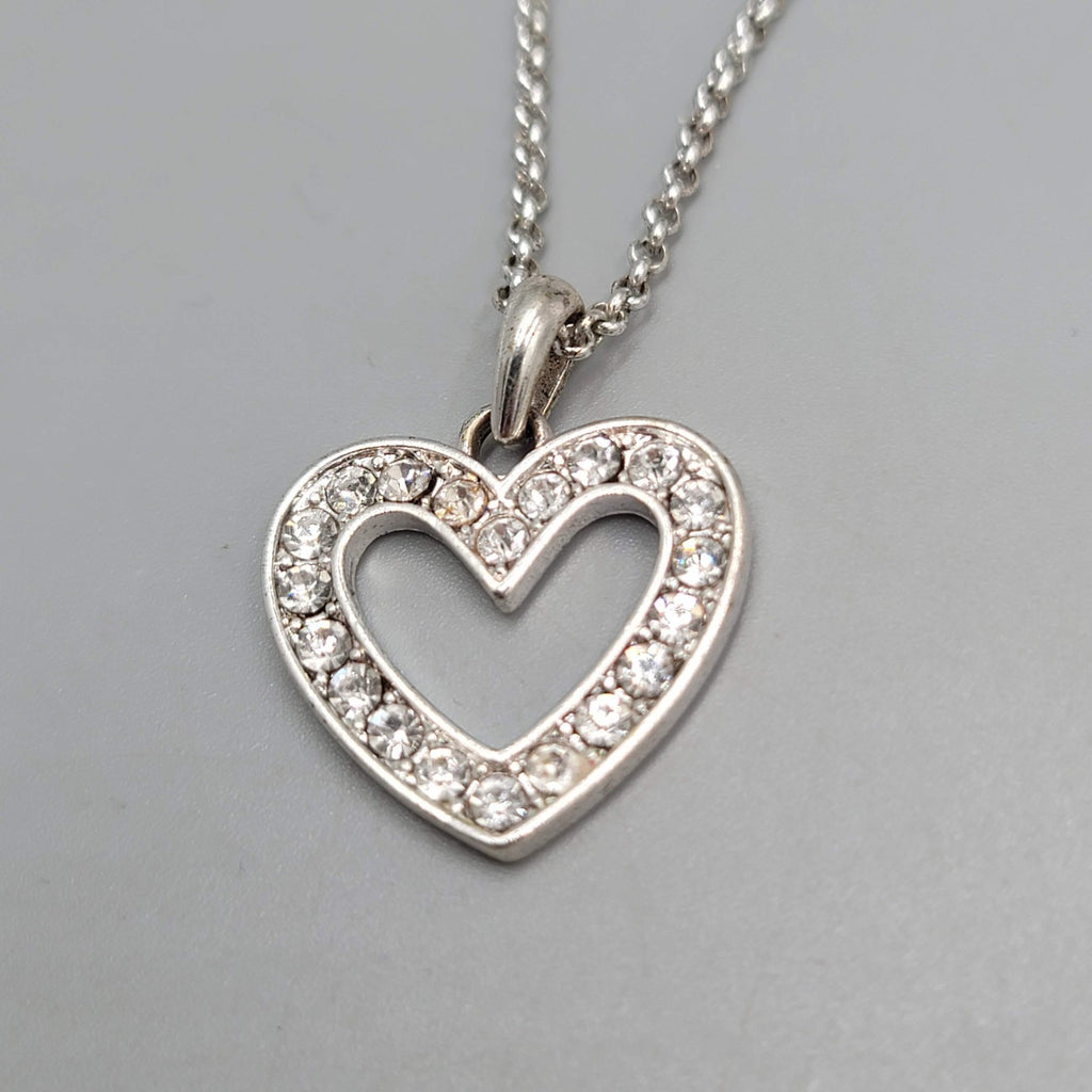 Open Heart Crystal Pendant Necklace Silver tone 16"-20"