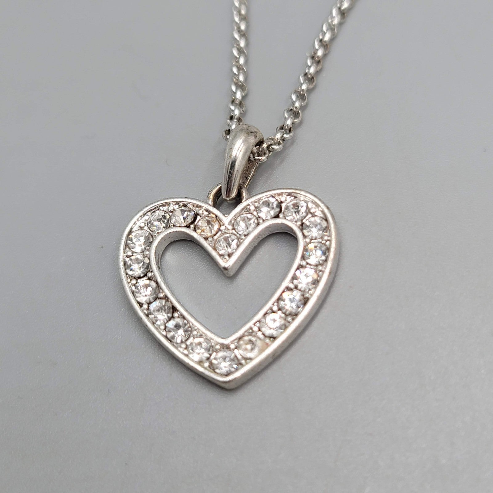Open Heart Crystal Pendant Necklace Silver tone 16"-20"