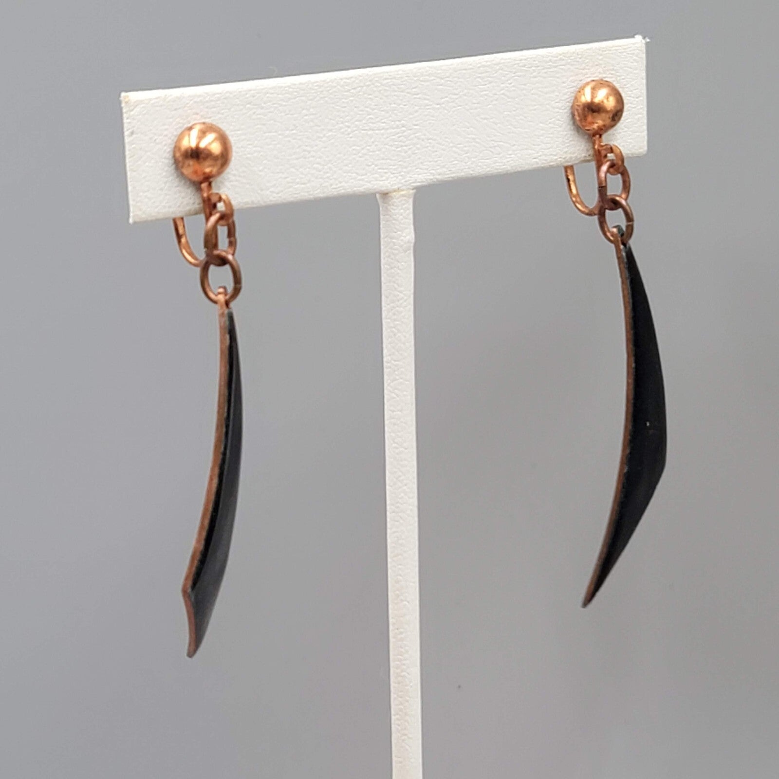 Vintage Clip on Earrings Copper Dark Blue Enamel Dangle 2"