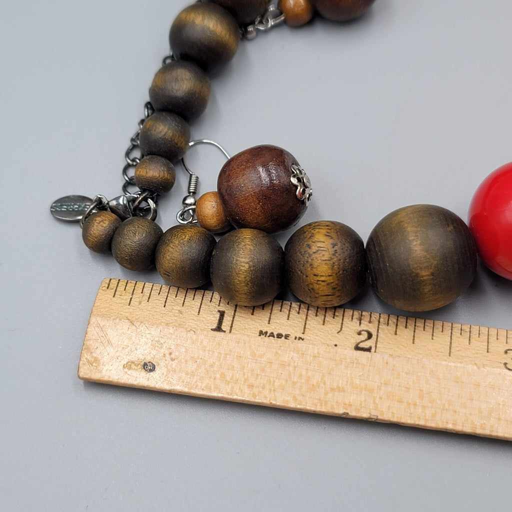 Wood Necklace Pierced Earrings Jewelry Set Large Bead Statement 18"-20"