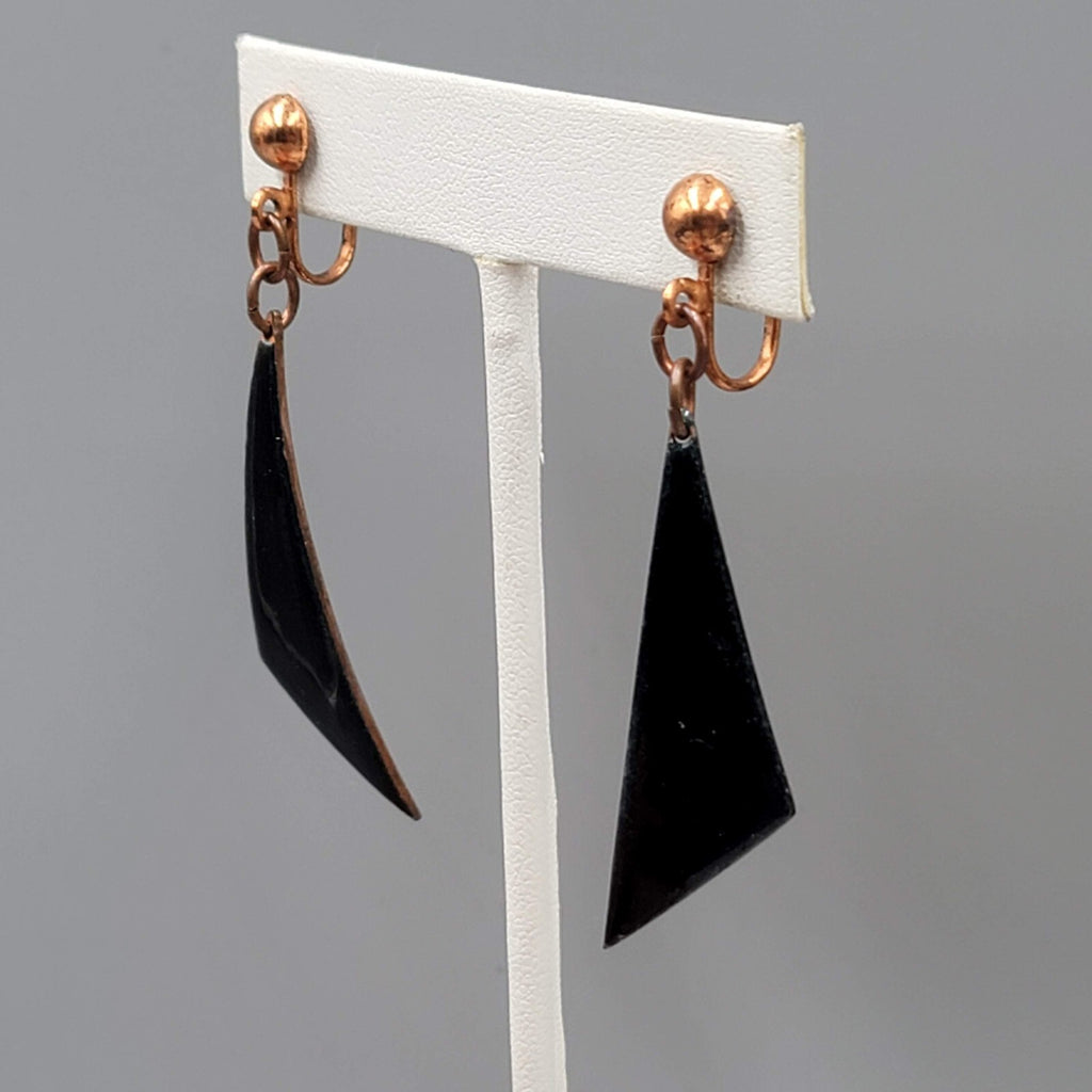 Vintage Clip on Earrings Copper Dark Blue Enamel Dangle 2"