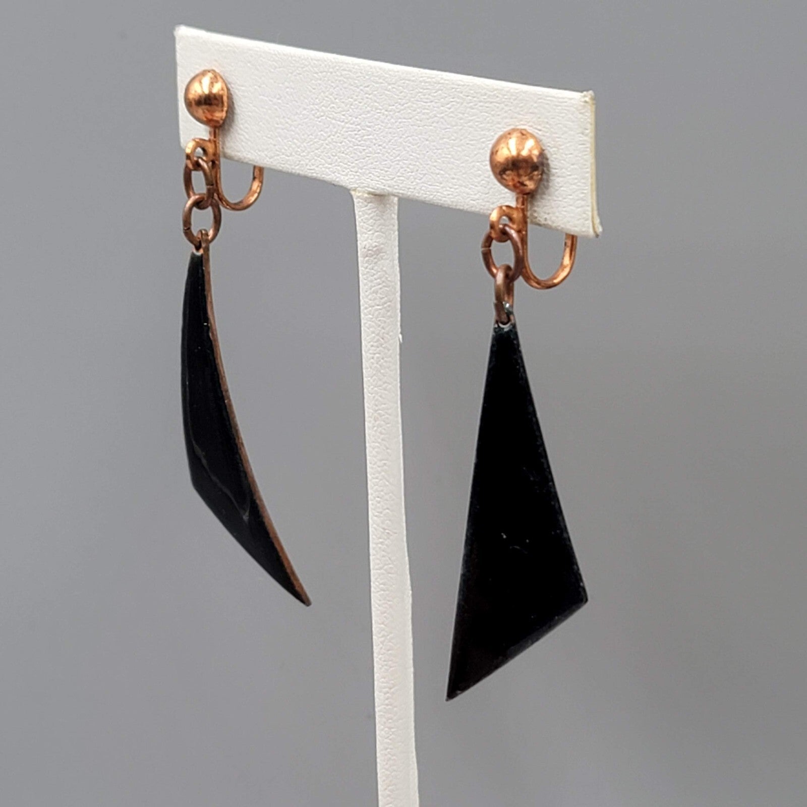 Vintage Clip on Earrings Copper Dark Blue Enamel Dangle 2"
