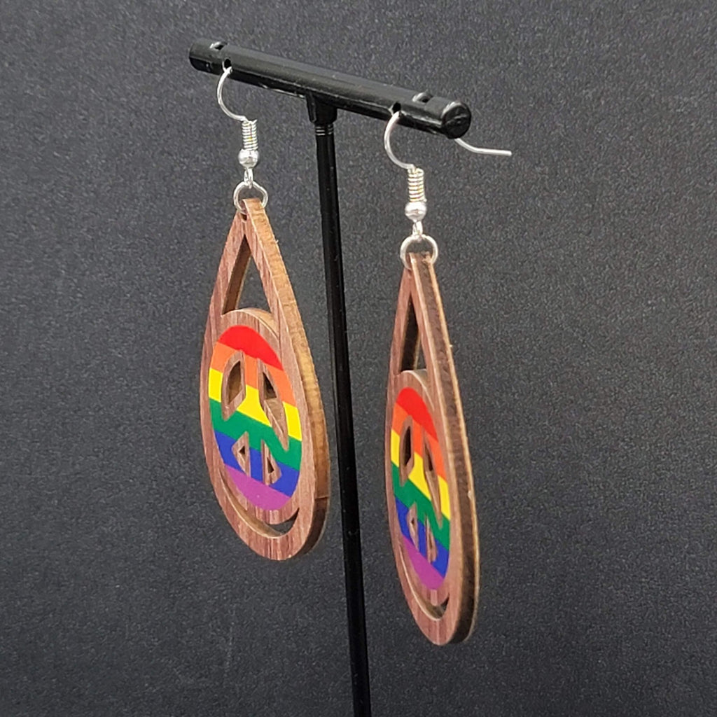 New PRIDE Peace Sign Pierced Earrings Rainbow Wood Teardrop Dangle 2.25"
