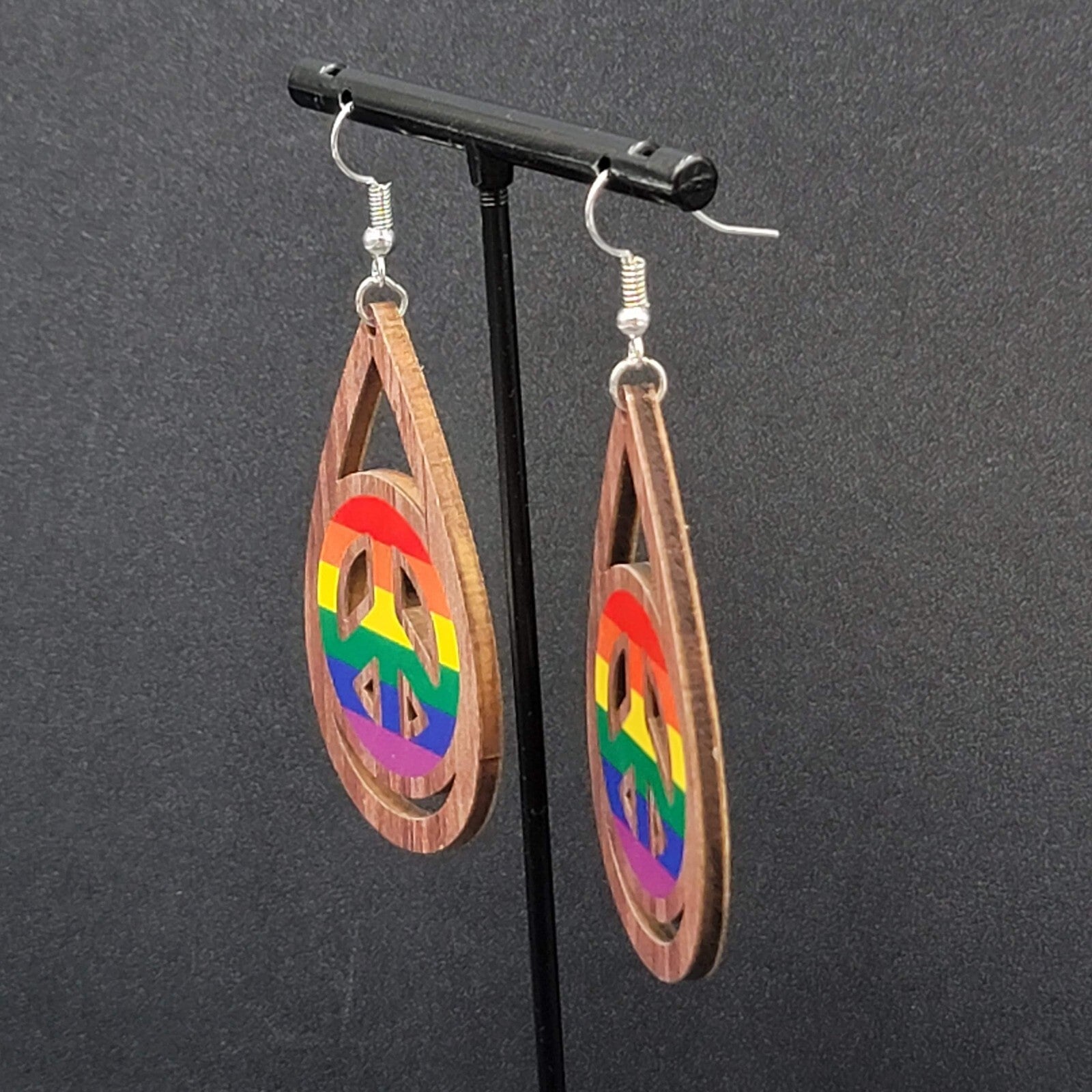 New PRIDE Peace Sign Pierced Earrings Rainbow Wood Teardrop Dangle 2.25"