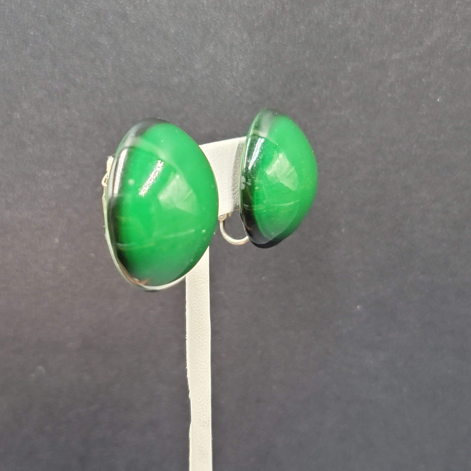 Vintage Clip on Earrings Large Round Dome Green Pin Up  1 1/8"