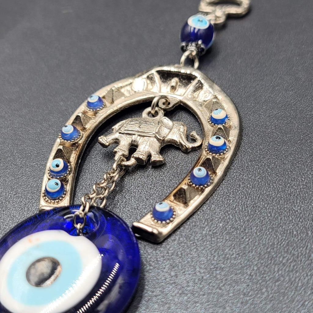 Horse Shoe Elephant Turkish Blue Evil Eye Amulet Car Charm Wall Hanging 7"