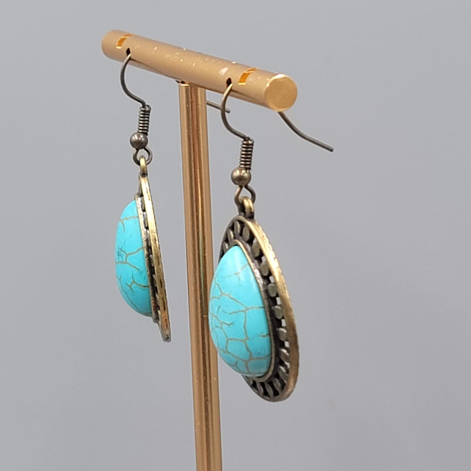 Teardrop Pierced Earrings Bronze tone Blue Howlite Dangle 1 1/8"