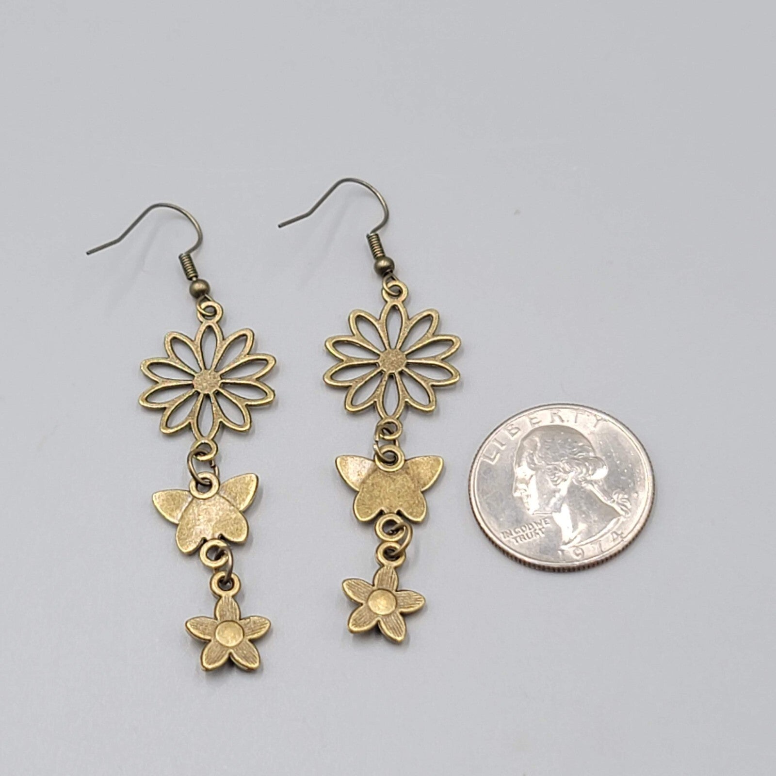 New Flower Butterfly Pierced Earrings Bronze tone Triple Dangle 2 1/8"