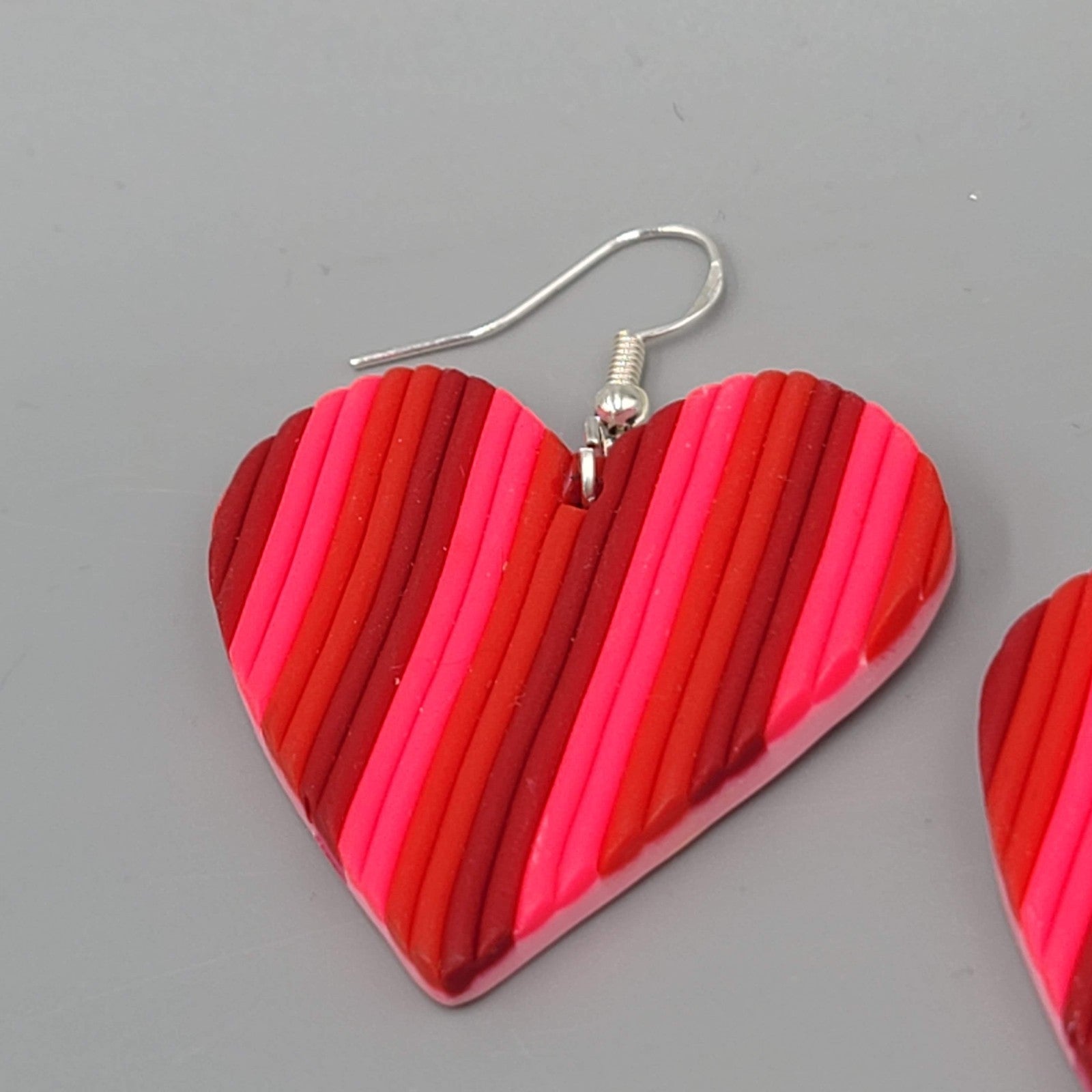 Large Heart Stripes Pierced Earrings Reds Polymer Clay 1.5"