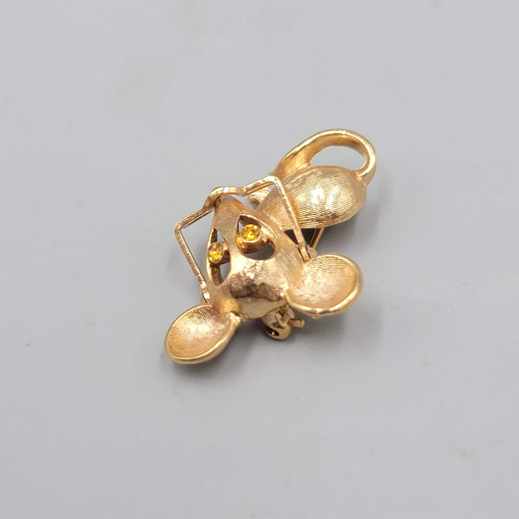 Vintage Avon Mouse with Glasses Brooch Gold tone Yellow Eyes 1.25 in