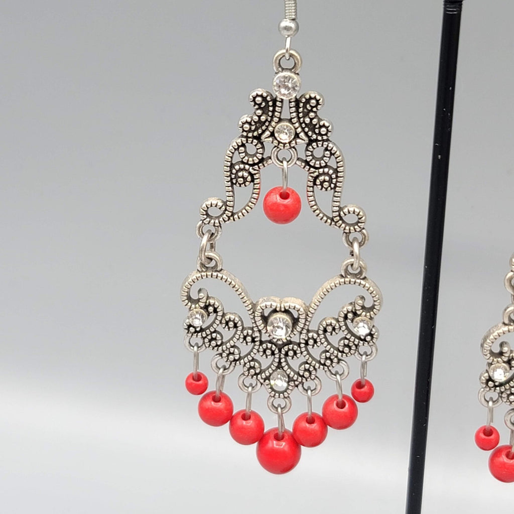 Chandelier Pierced Earrings Silver tone Red Bead Crystal Rhinestone 2.5"