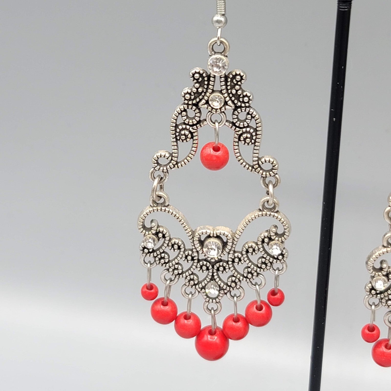 Chandelier Pierced Earrings Silver tone Red Bead Crystal Rhinestone 2.5"
