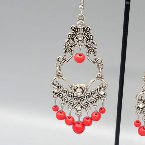 Chandelier Pierced Earrings Silver tone Red Bead Crystal Rhinestone 2.5"