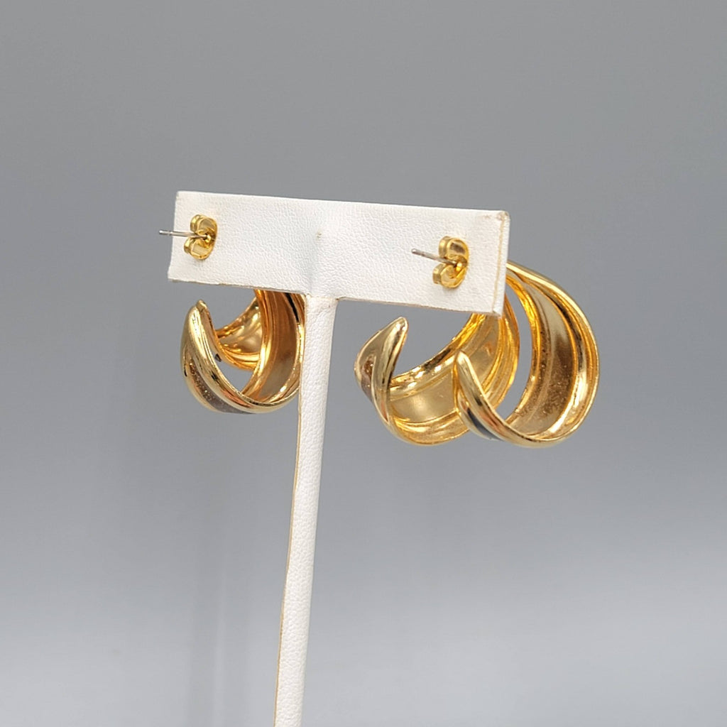 Vintage Double Hoops Pierced Earrings Black Enamel Statement Gold tone Drop 