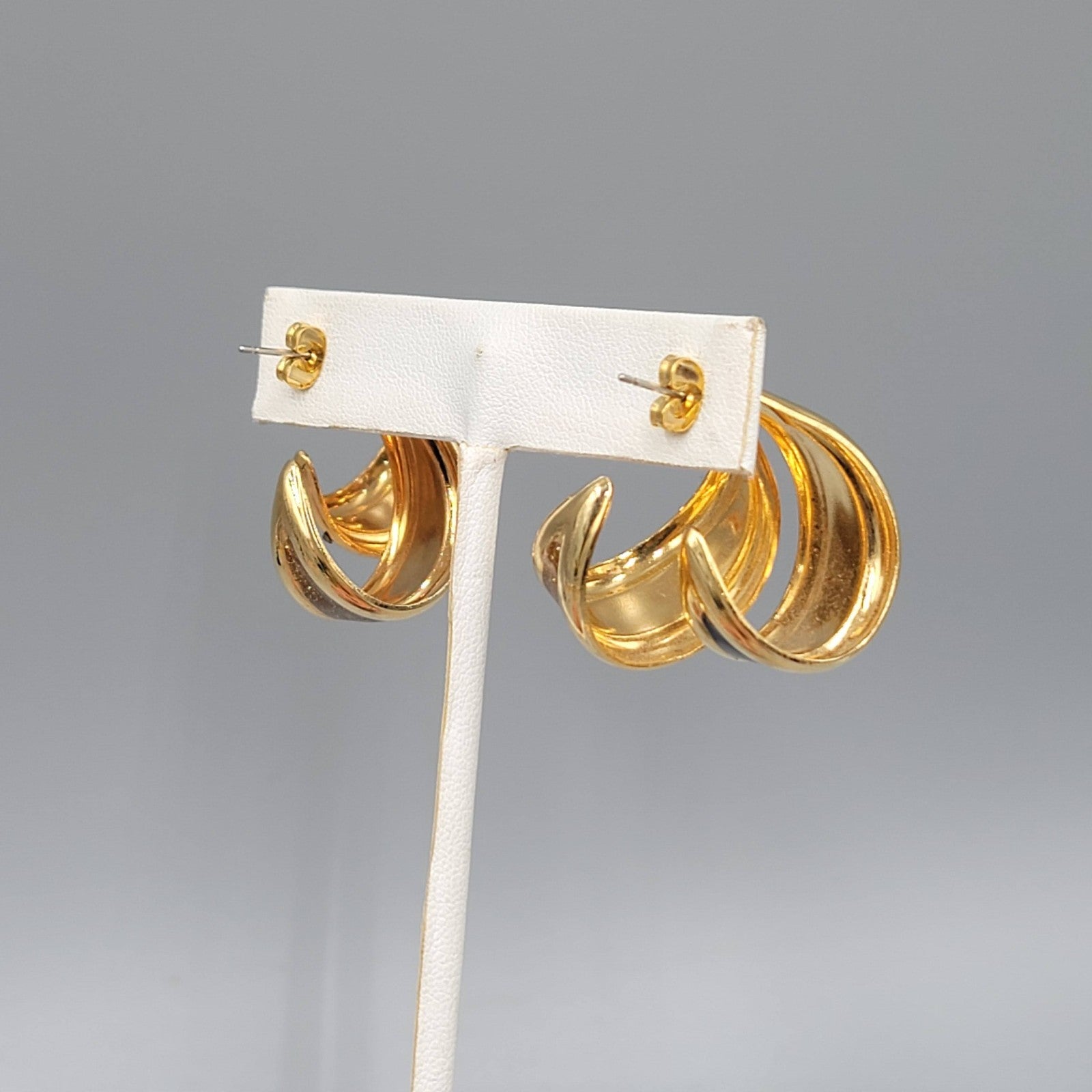 Vintage Double Hoops Pierced Earrings Black Enamel Statement Gold tone Drop 