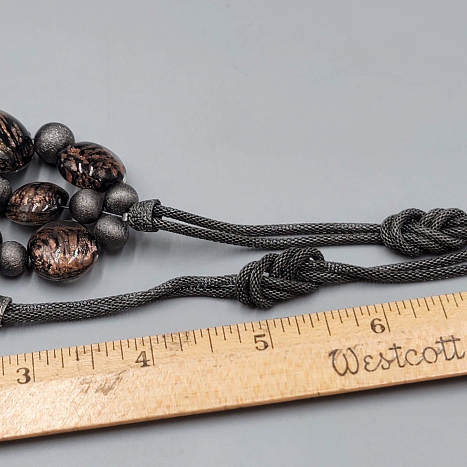 Chicos Necklace Gunmetal Gray Mesh Brown Dichroic Glass Beads 18"