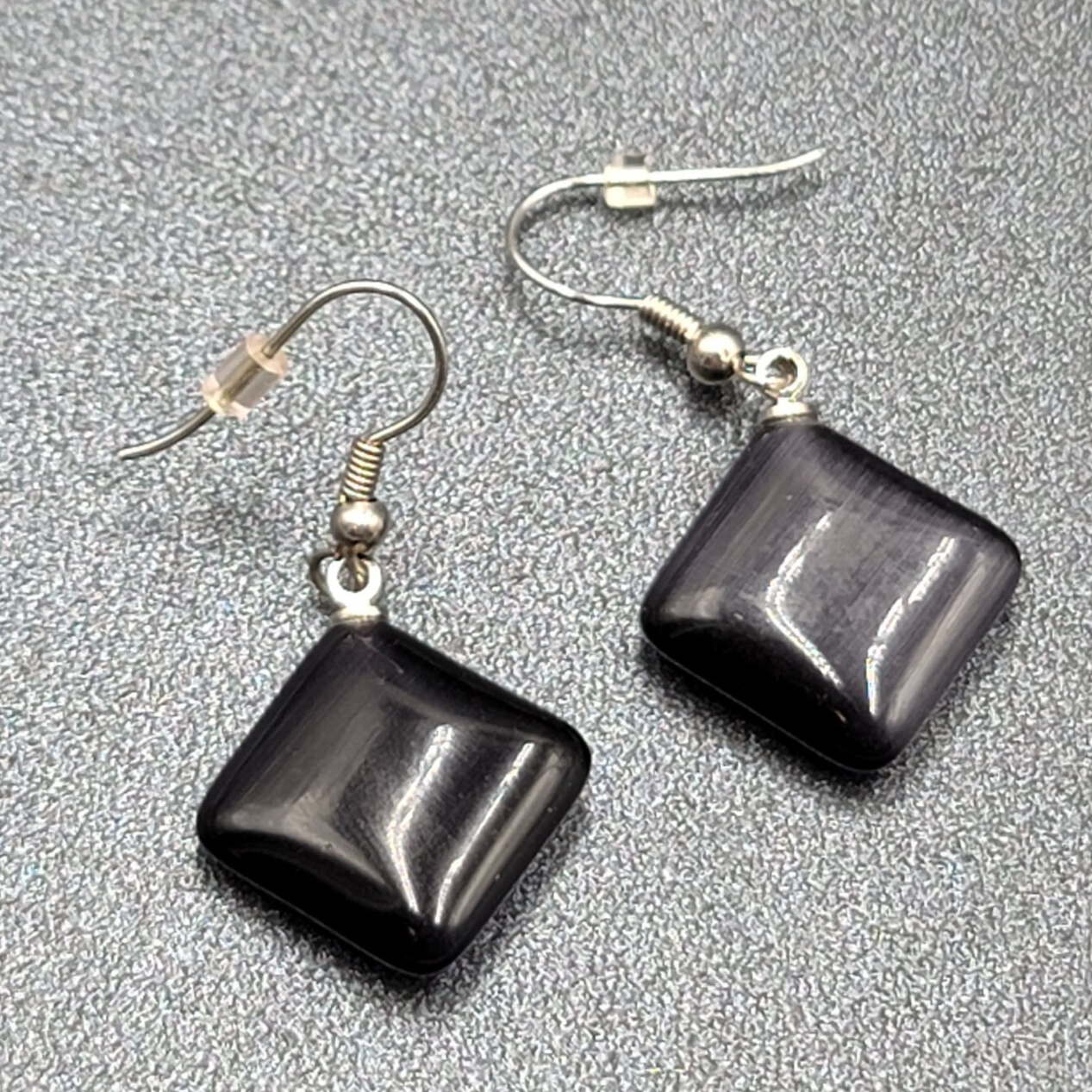 Pierced Earrings Purple Gray Stone Satin Finish Dangle Square Silver tone 3/4"