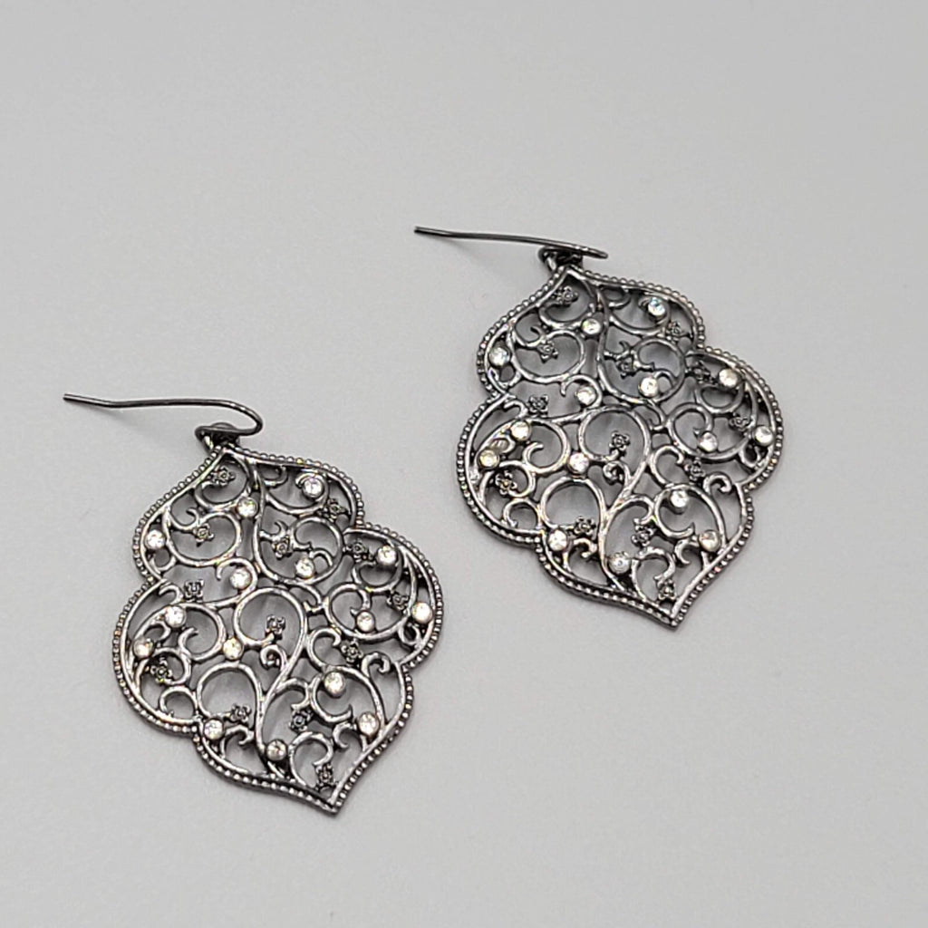 Pierced Earrings Black Metal Crystal Rhinestone Filigree Dangle 1.75"