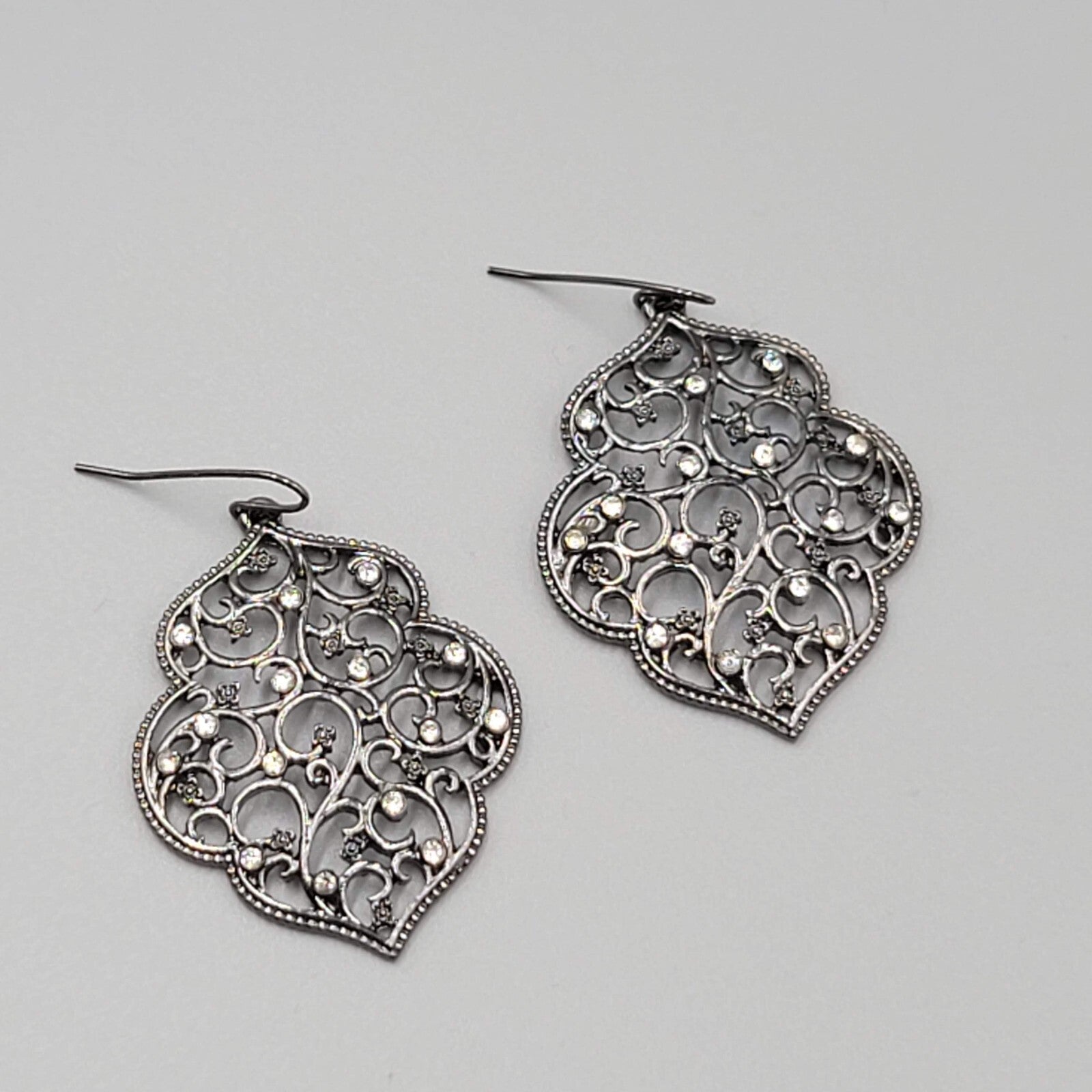 Pierced Earrings Black Metal Crystal Rhinestone Filigree Dangle 1.75"