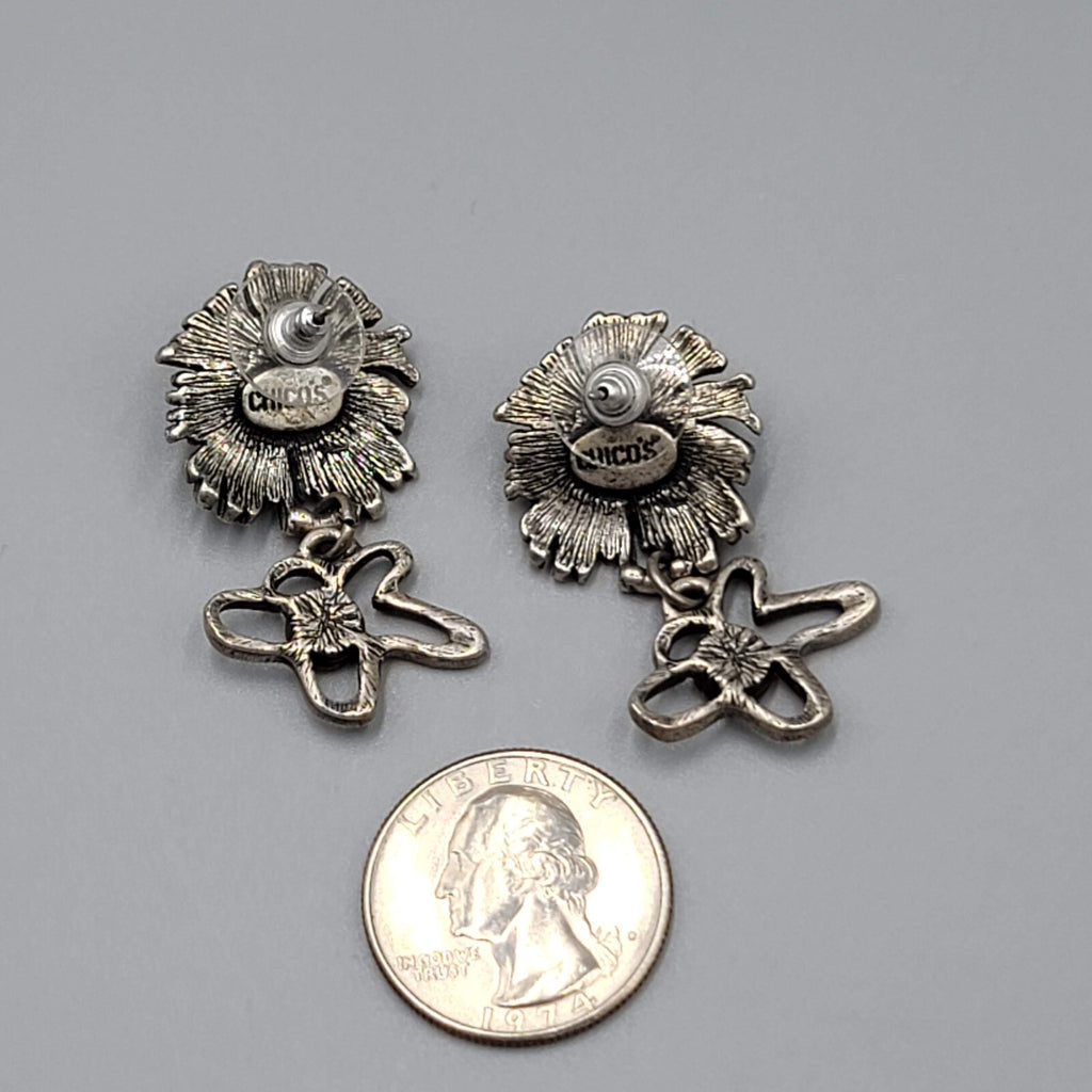 Chicos Flower Pierced Earrings Purple Red Rhinestone Silver tone Dangle 1.5"