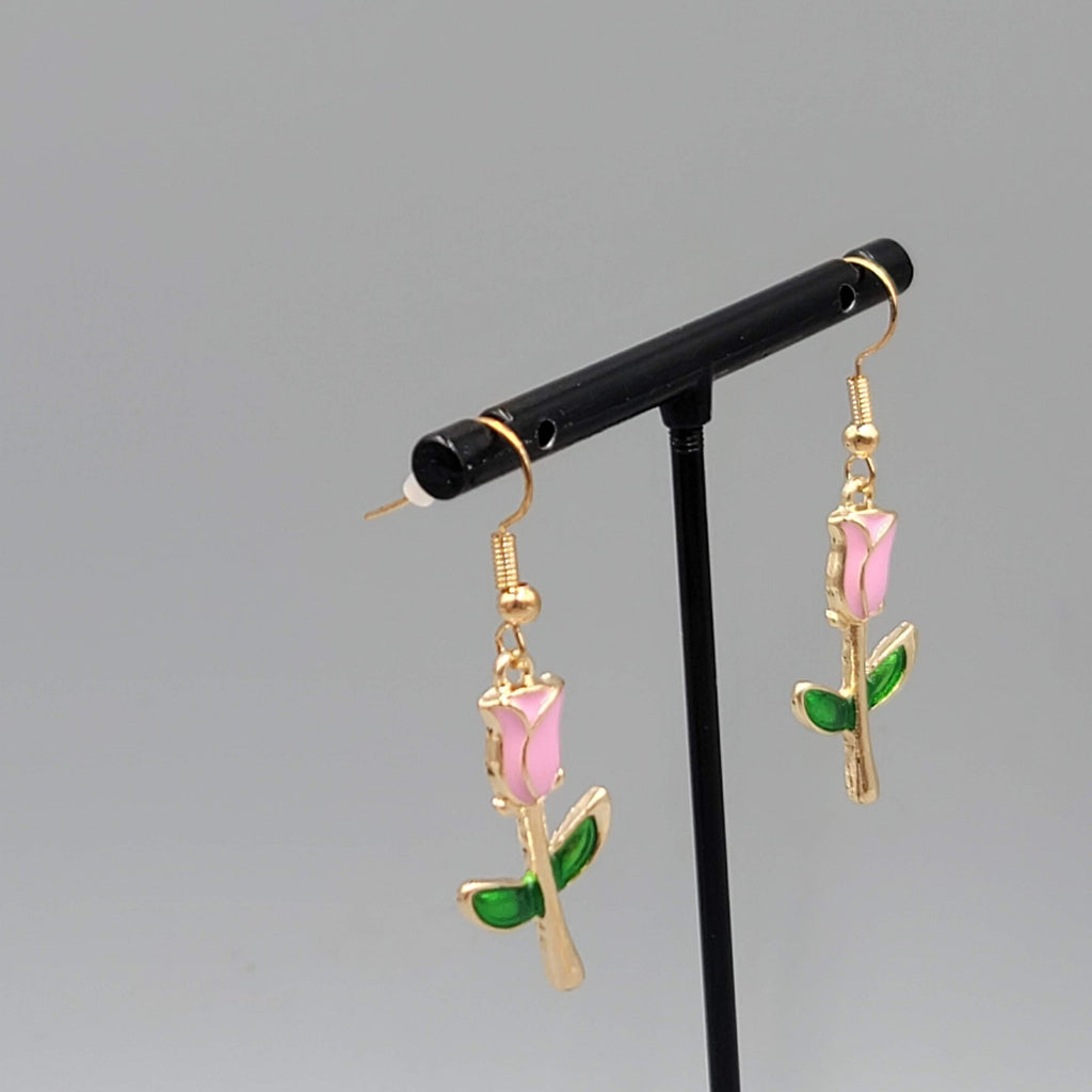 Pink Rose Bud Flower Dangle Pierced Earrings Gold Tone Enamel 1.25"