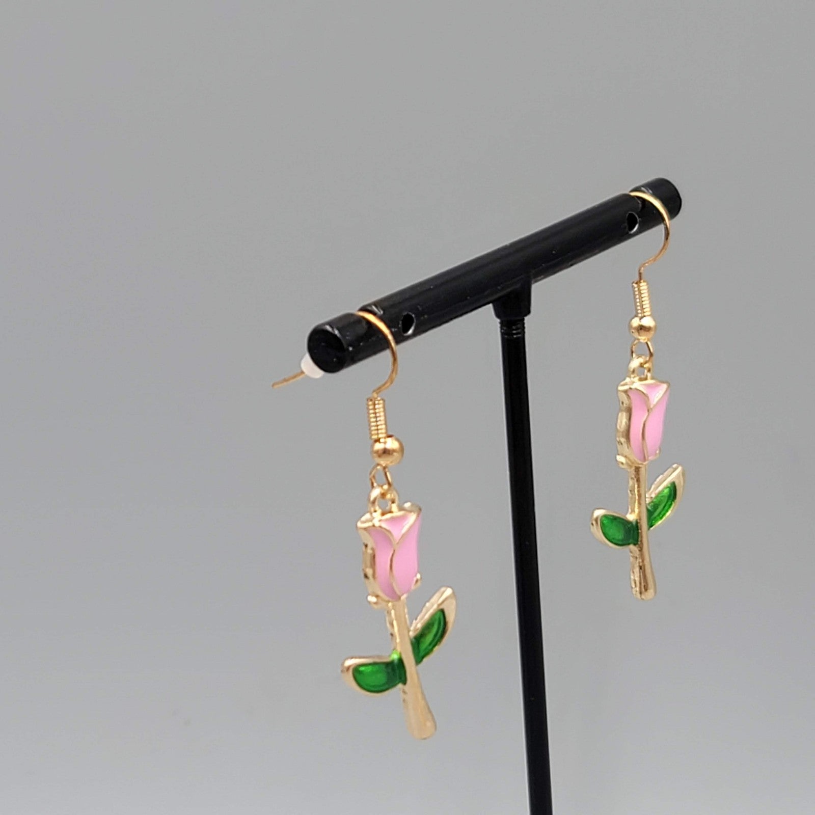 Pink Rose Bud Flower Dangle Pierced Earrings Gold Tone Enamel 1.25"