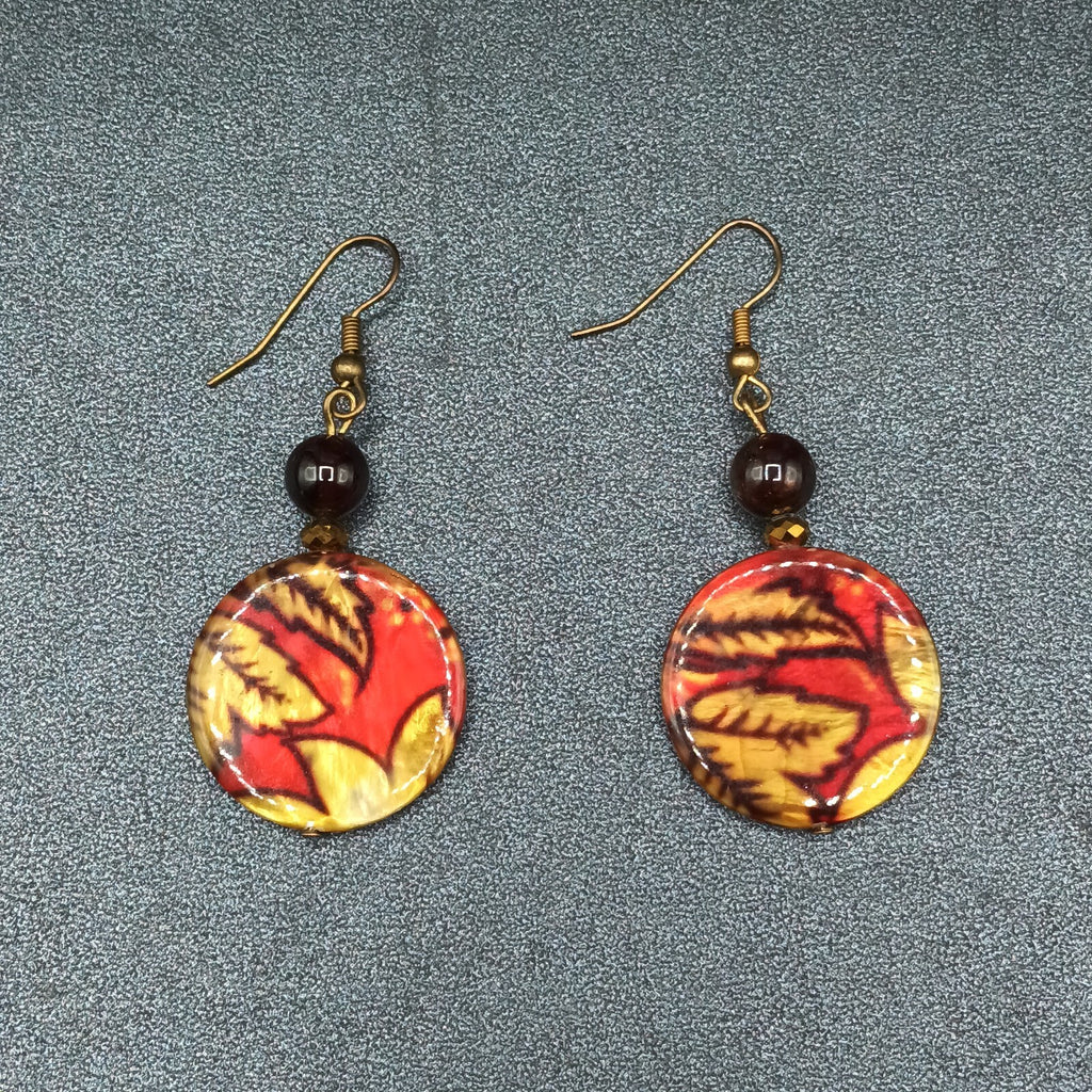 Pierced Earrings Gold tone Multicolor Acrylic Round Leaf Bead Dangle 1 1/2"