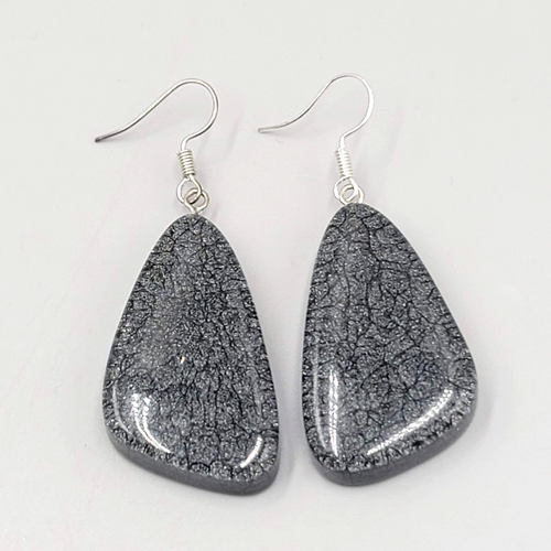 Black Swirl Resin Statement Dangle Pierced Earrings Silver tone 1.5"