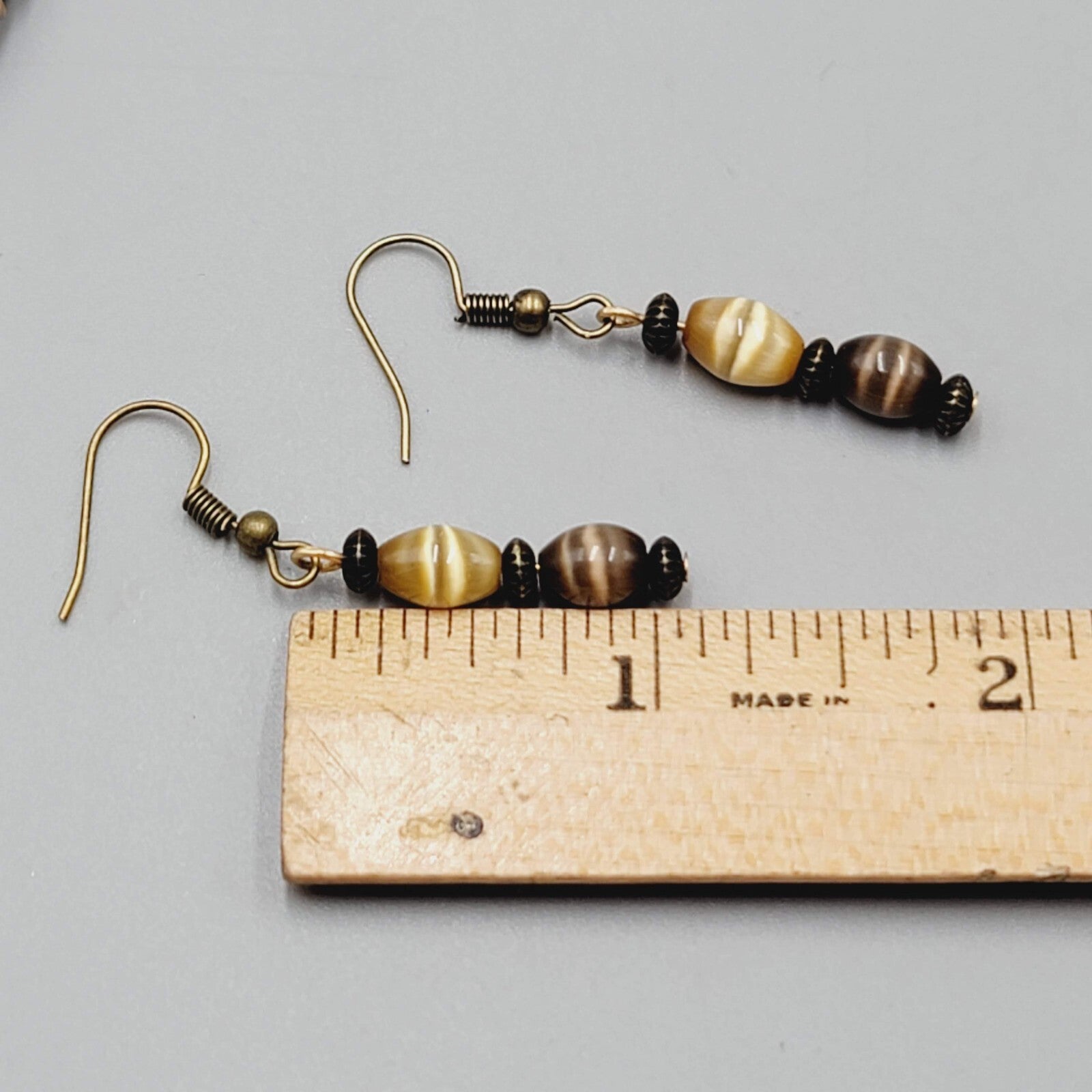Cats Eye Brown Bead Pierced Earrings Bronze tone Dangle 1"