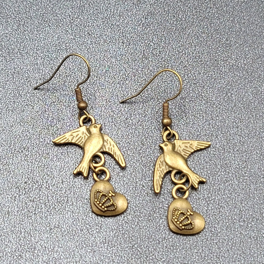 Birds Heart Pierced Earrings Bronze tone Dangle 1.25"