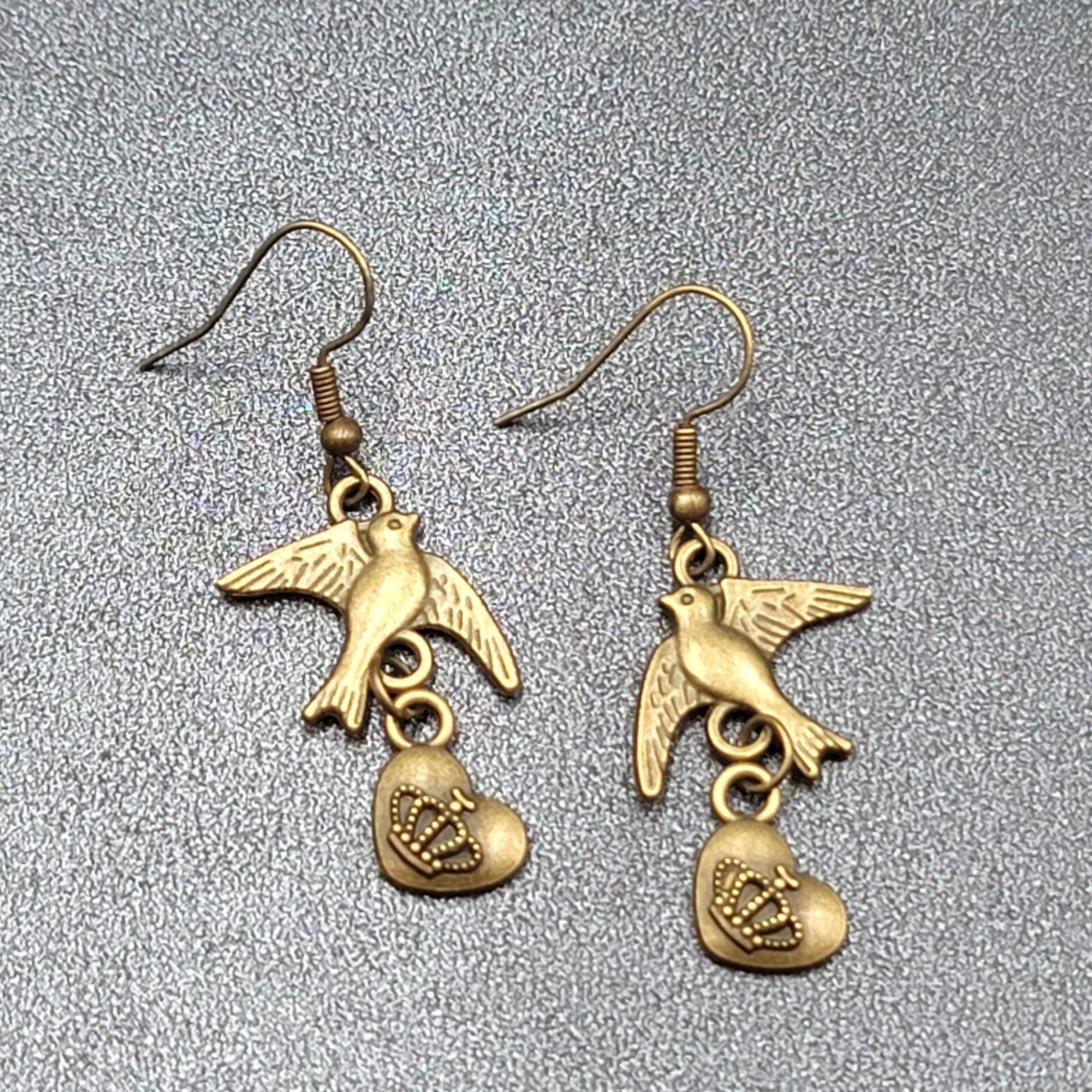 Birds Heart Pierced Earrings Bronze tone Dangle 1.25"