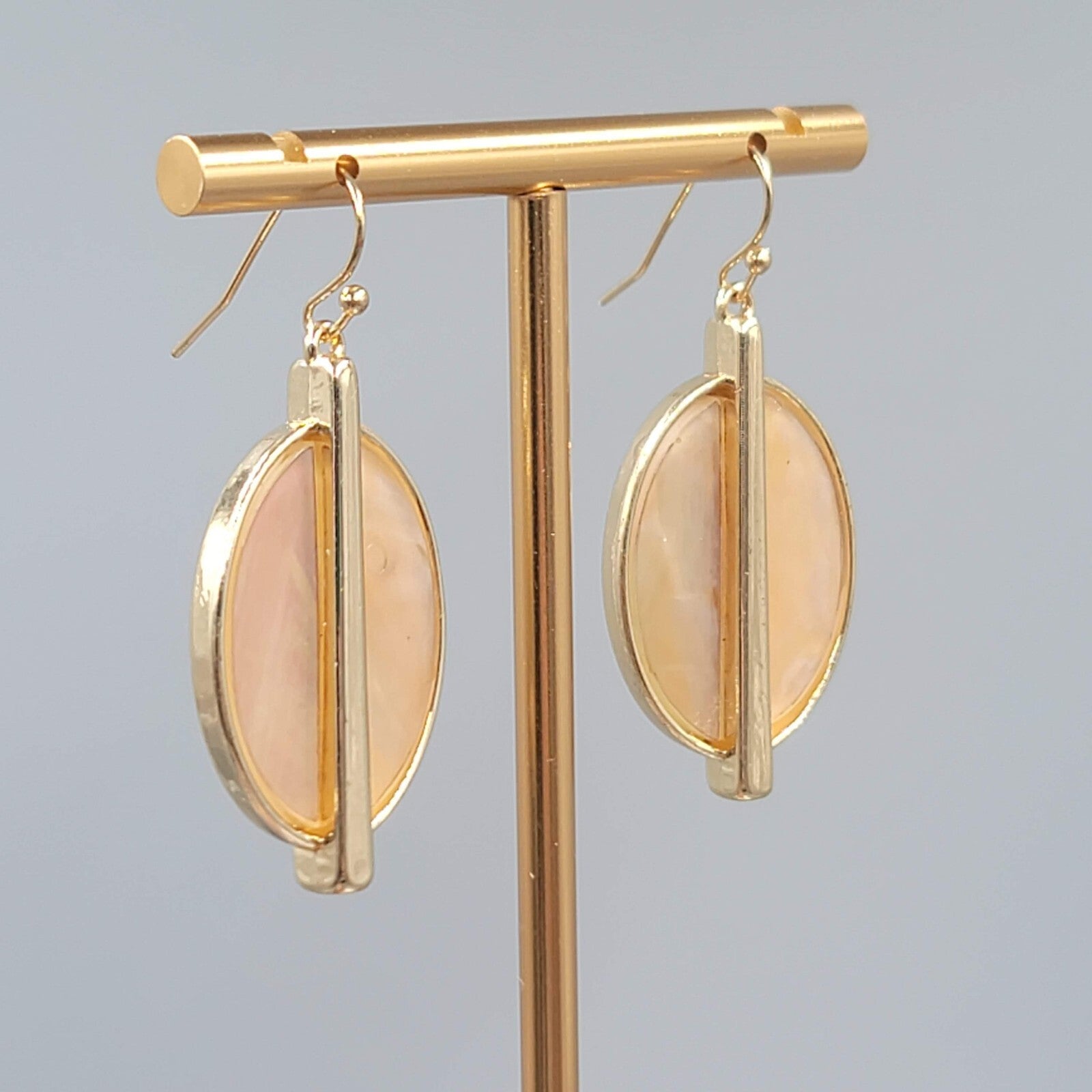 Oval Pierced Earrings Gold tone Dangle Peach Iridescent 1.5"