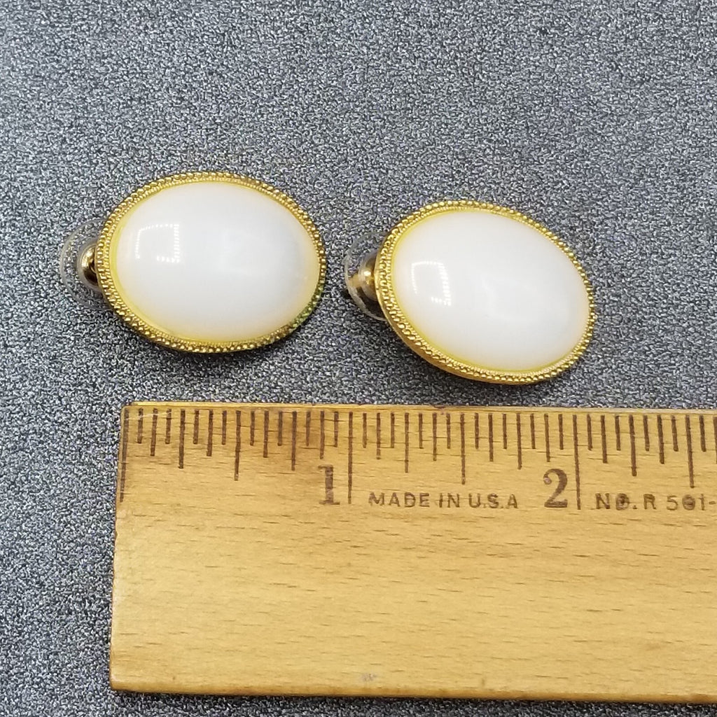 Pierced Earrings Gold tone White Glass Cabochon Drop 1 1/8"