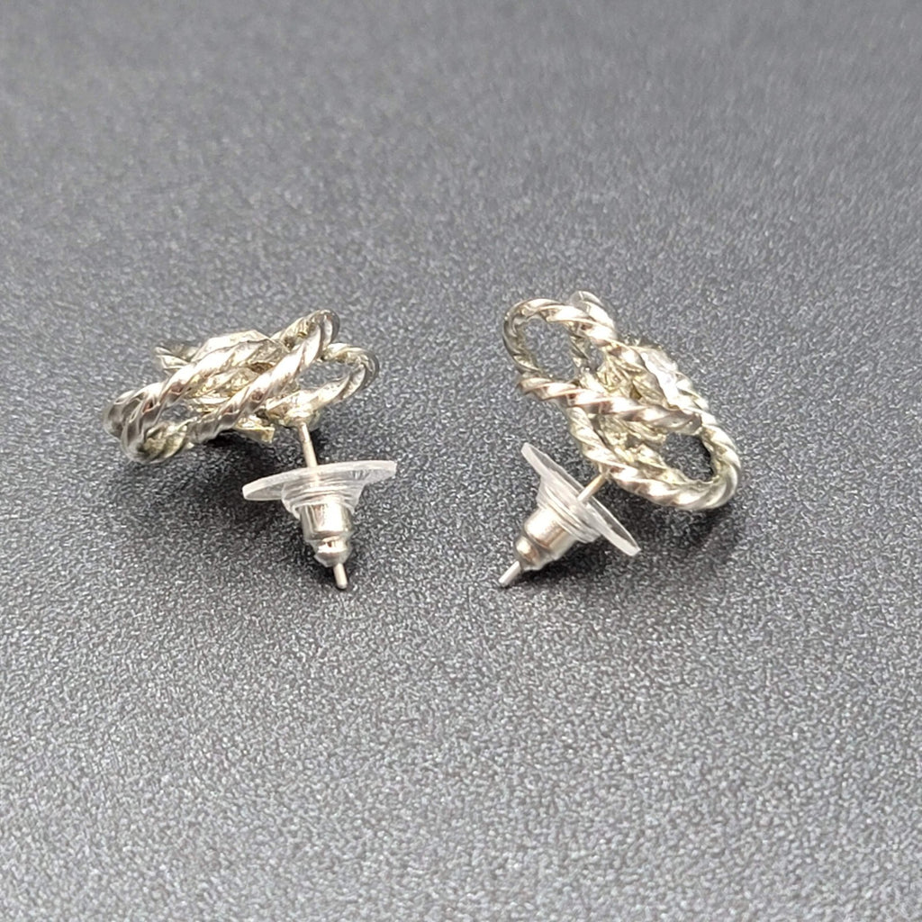 Vintage Pierced Earrings Silver tone Wire Knot Studs Rhinestone Center 3/4"