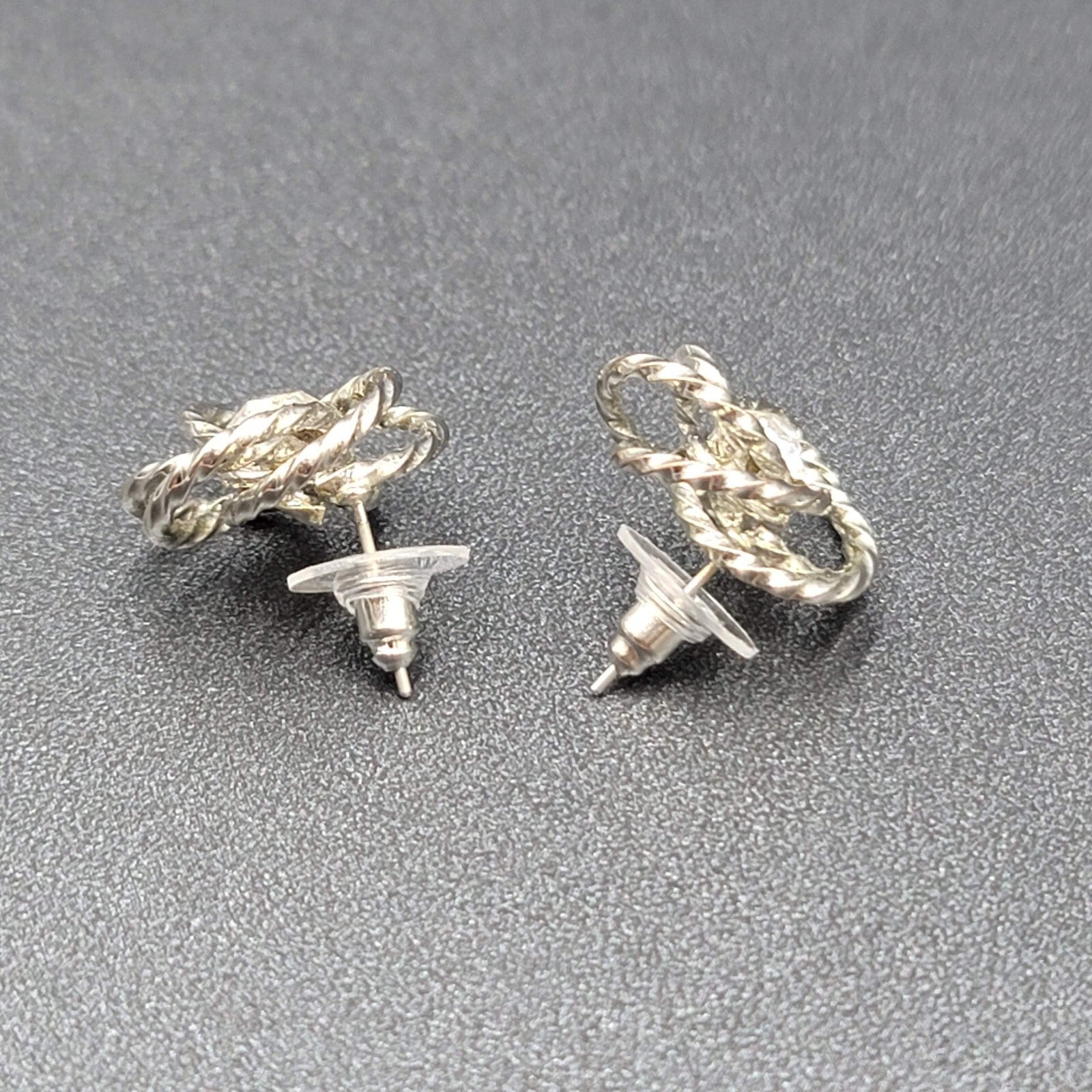 Vintage Pierced Earrings Silver tone Wire Knot Studs Rhinestone Center 3/4"