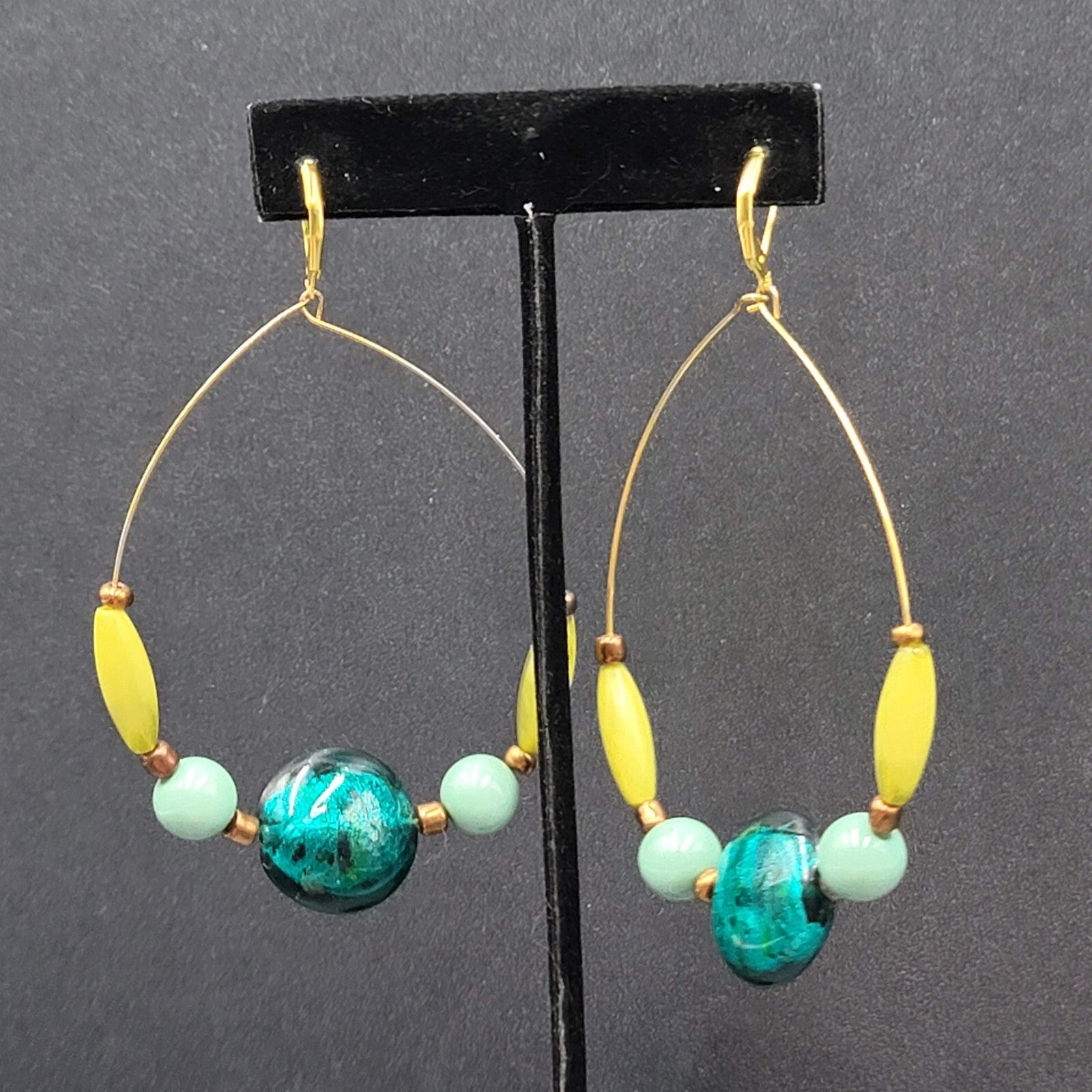 Pierced Earrings Gold tone Blue Dichroic Glass Bead Acrylic Beads 3"