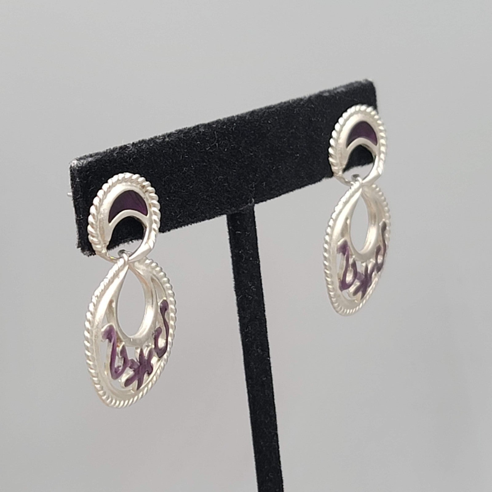 Purple Black Enamel Pierced Earrings Silver tone Dangle  1.25"
