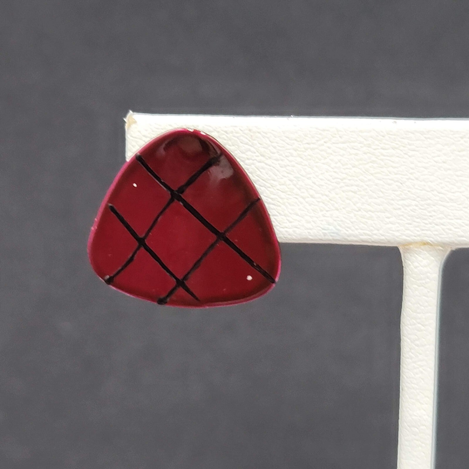 Vintage Pierced Earrings Burgundy Red Black Enamel over Metal Triangle Drop 3/4"