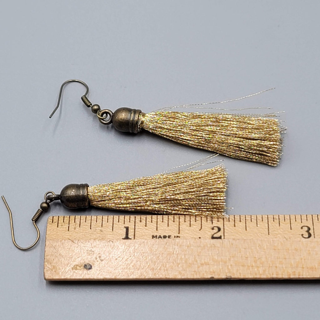 Tassel Pierced Earrings Bronze tone Gold Thread Dangle 2"