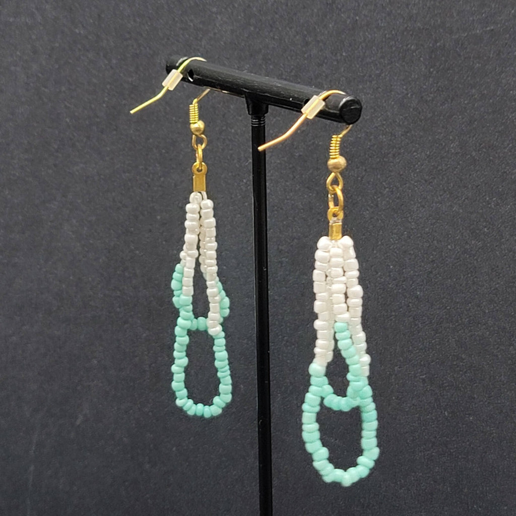 Pierced Earrings White Mint Green Seed Bead Dangle Loops 2.25"