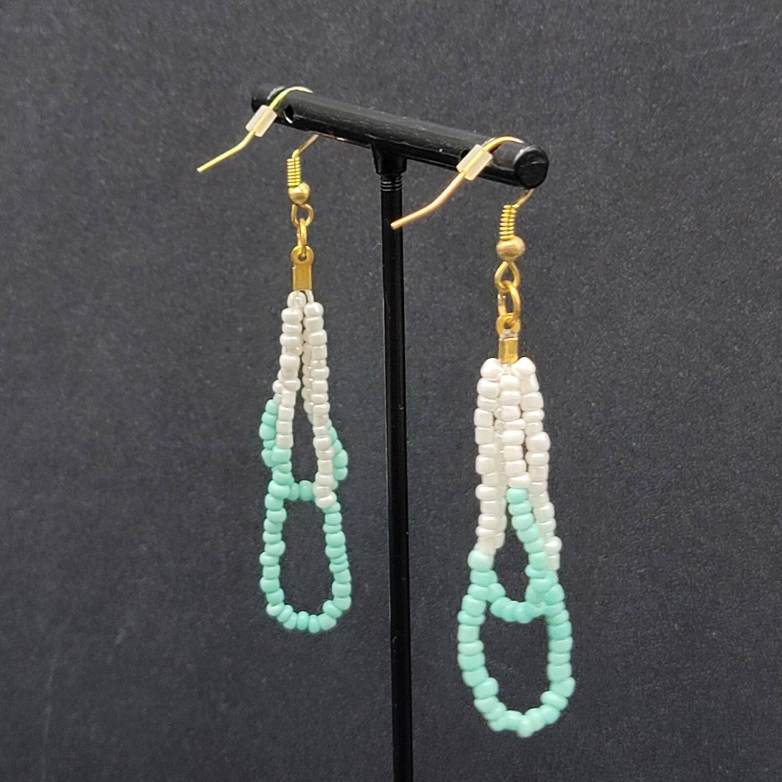 Pierced Earrings White Mint Green Seed Bead Dangle Loops 2.25"