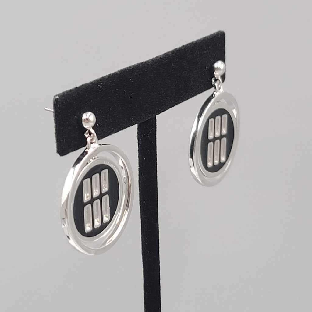 Black Enamel Pierced Earrings Silver tone Dangle Round 1.25"