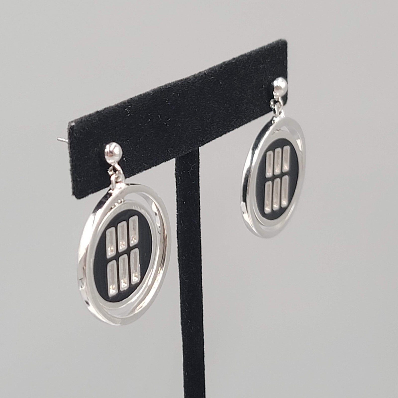 Black Enamel Pierced Earrings Silver tone Dangle Round 1.25"