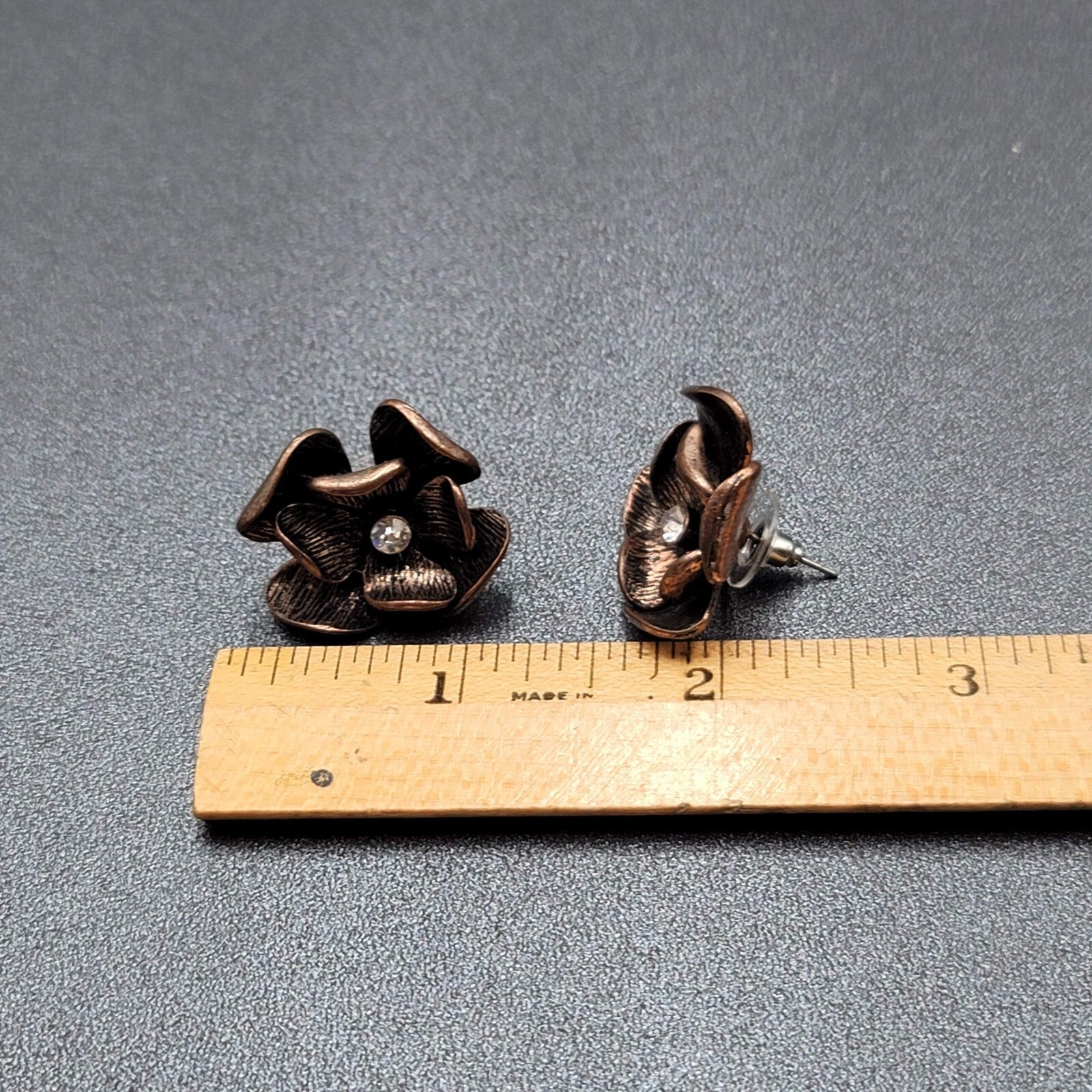 Flower Pierced Earrings Copper tone Rhinestone Drop 1"