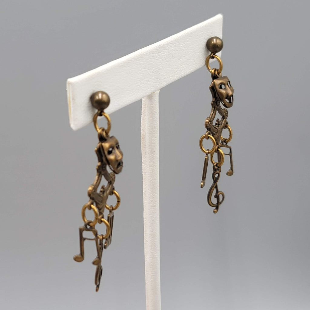 Vintage Music Drama Theme Pierced Earrings Bronze tone Dangle 2 in