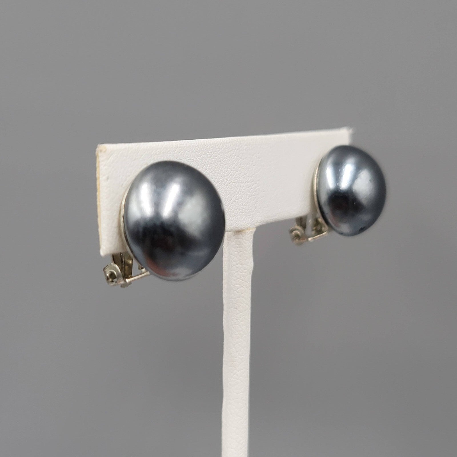 Vintage Clip on Earrings Satin Black Metallic Dome Stud 5/8"