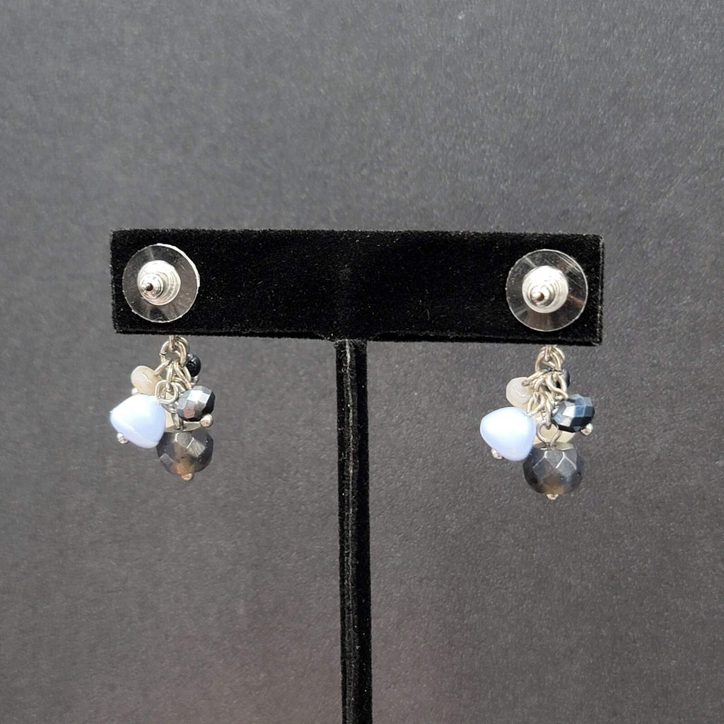 Pierced Earrings Silver tone Crystal Glass Pearl Beads Blues Dangle 1.25"