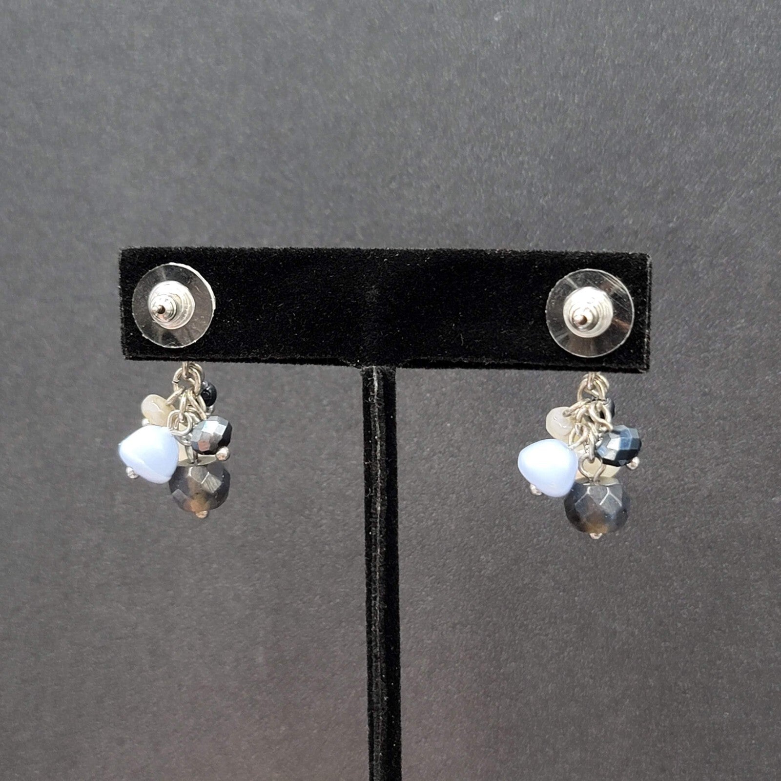 Pierced Earrings Silver tone Crystal Glass Pearl Beads Blues Dangle 1.25"